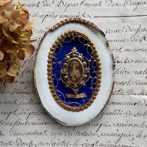 Antique French Sacred Heart Medallion: Ornate Blue & Gold Religious Plaque