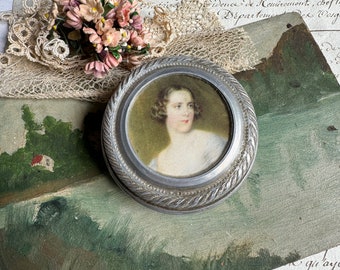 French Vintage Tin Box with Portrait- Romantic Shabby French Country Decor- Jewelry Box