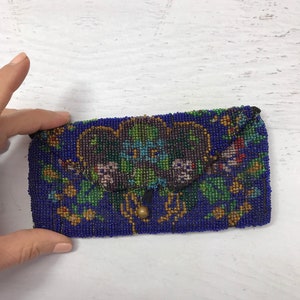 Borsa antica con perline e fodera in seta, perline di vetro blu cobalto, borsa antica vittoriana, da collezione