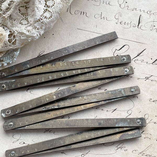 Vintage Brass Ruler- Meters- Folding Narrow Ruler- Measuring Tool from France- Pocket Ruler
