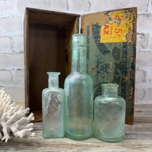 Set of 3 Antique Iridescent Glass Bottles- Apothecary, Medicine, Worcestershire Sauce