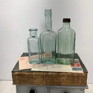 Antique Bottle Set with Aqua & Green Shades, Farmhouse Decor- Vintage Bottle Lot