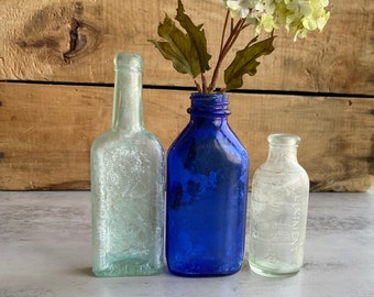 Antique Small Bottles- Seafoam Green- Cobalt Blue Vintage Bottle Lot- Mexican Mustang- Brooklyn, NY