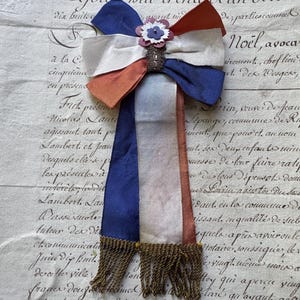 Vintage French Cocarde de Conscrit– Tricolor Ribbon Badge with Tassels