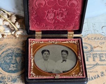 Antique Thermoplastic Union Case with Ambrotype Portrait of Two Women- Sisters Mid 1800's