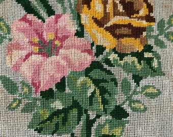 Antique French Needlepoint Floral- Framed Handmade Tapestry in Round Gold Frame