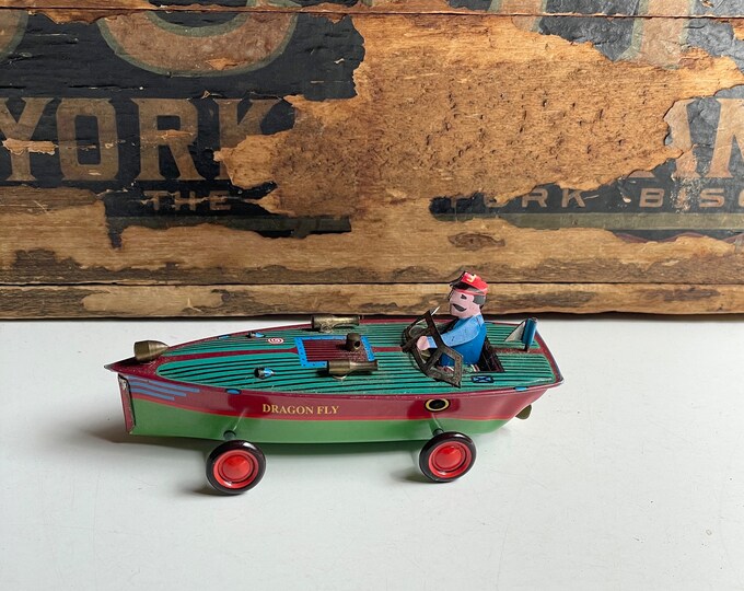 Tin Toy Motor Boat Dragon Fly Boat on Wheels Etsy