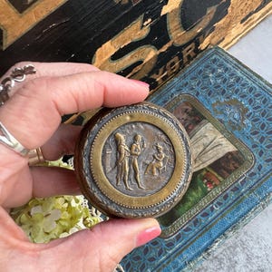 Antique French Snuff Box with Detailed Embossed Cover, Collectible Bronze Colored Container
