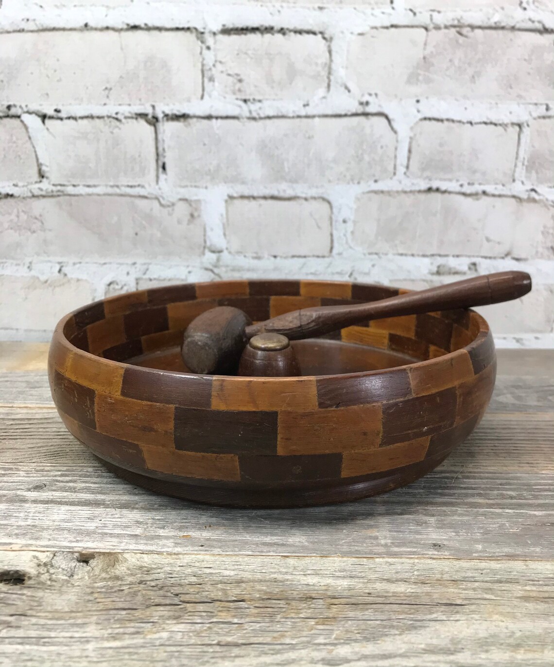 Vintage Wooden Nut Bowl with Mallet Hammer Mid Century Decor Etsy