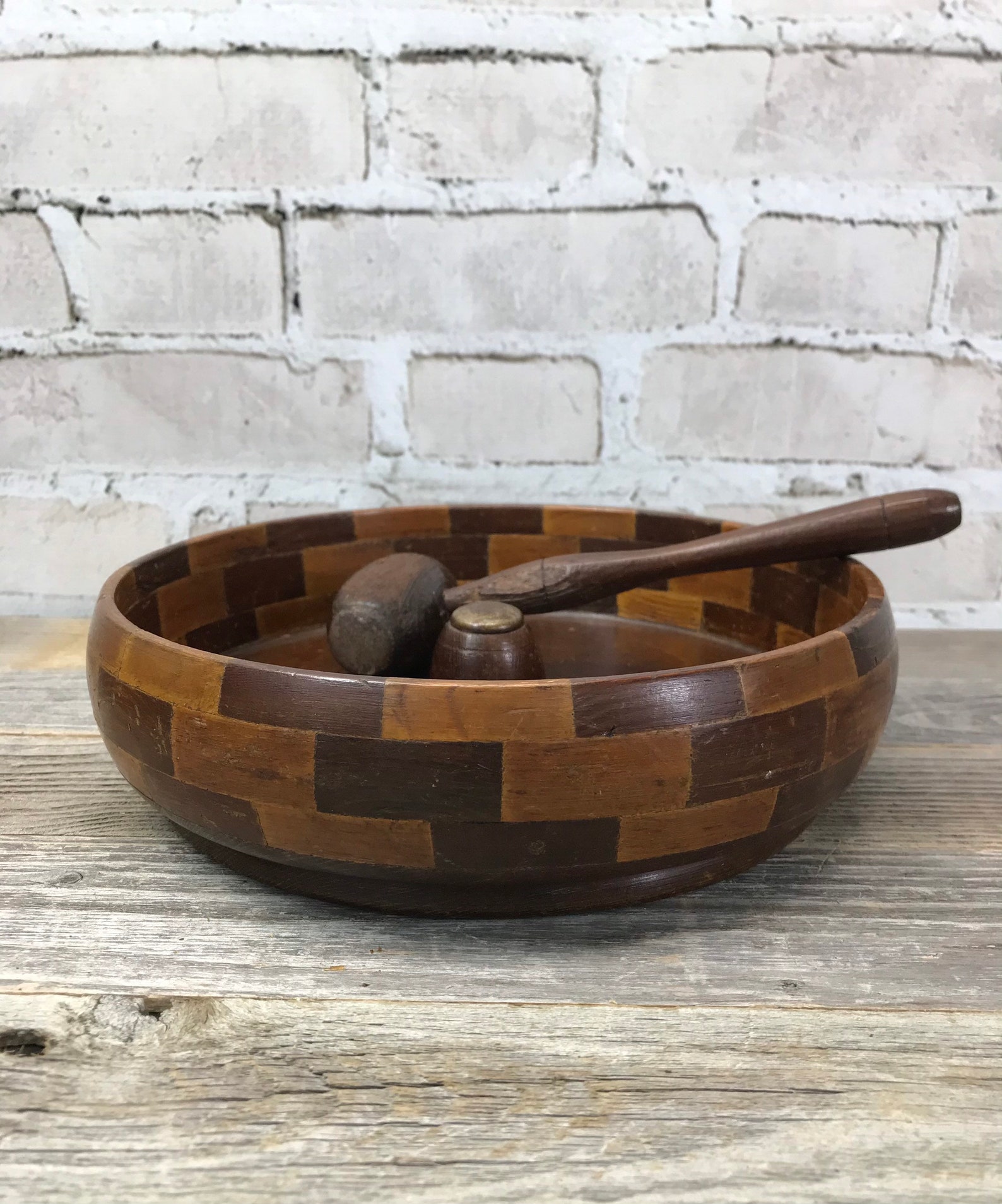 Vintage Wooden Nut Bowl with Mallet Hammer Mid Century Decor Etsy