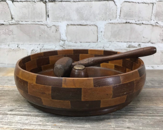 Vintage Wooden Nut Bowl With Mallet Hammer Mid Century Decor Etsy