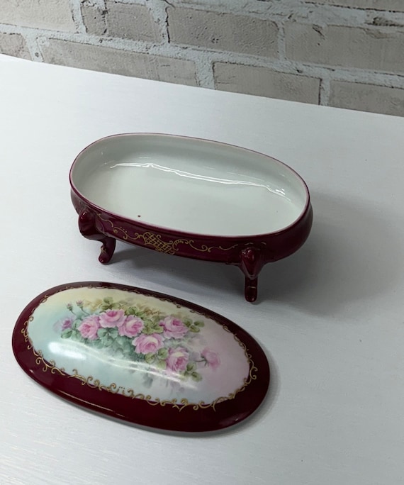 Antique Hand Painted Footed Oval Dish with Lid Sh… - image 5