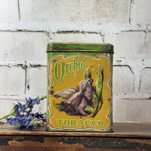 orchid tobacco Vintage Orchid Tobacco Tin- Early 1900's Lithograph Canister With Floral  Graphics