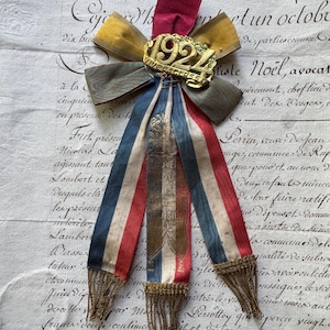 Vintage French Cocarde de Conscrit – Tricolor Ribbon Badge with Tassels