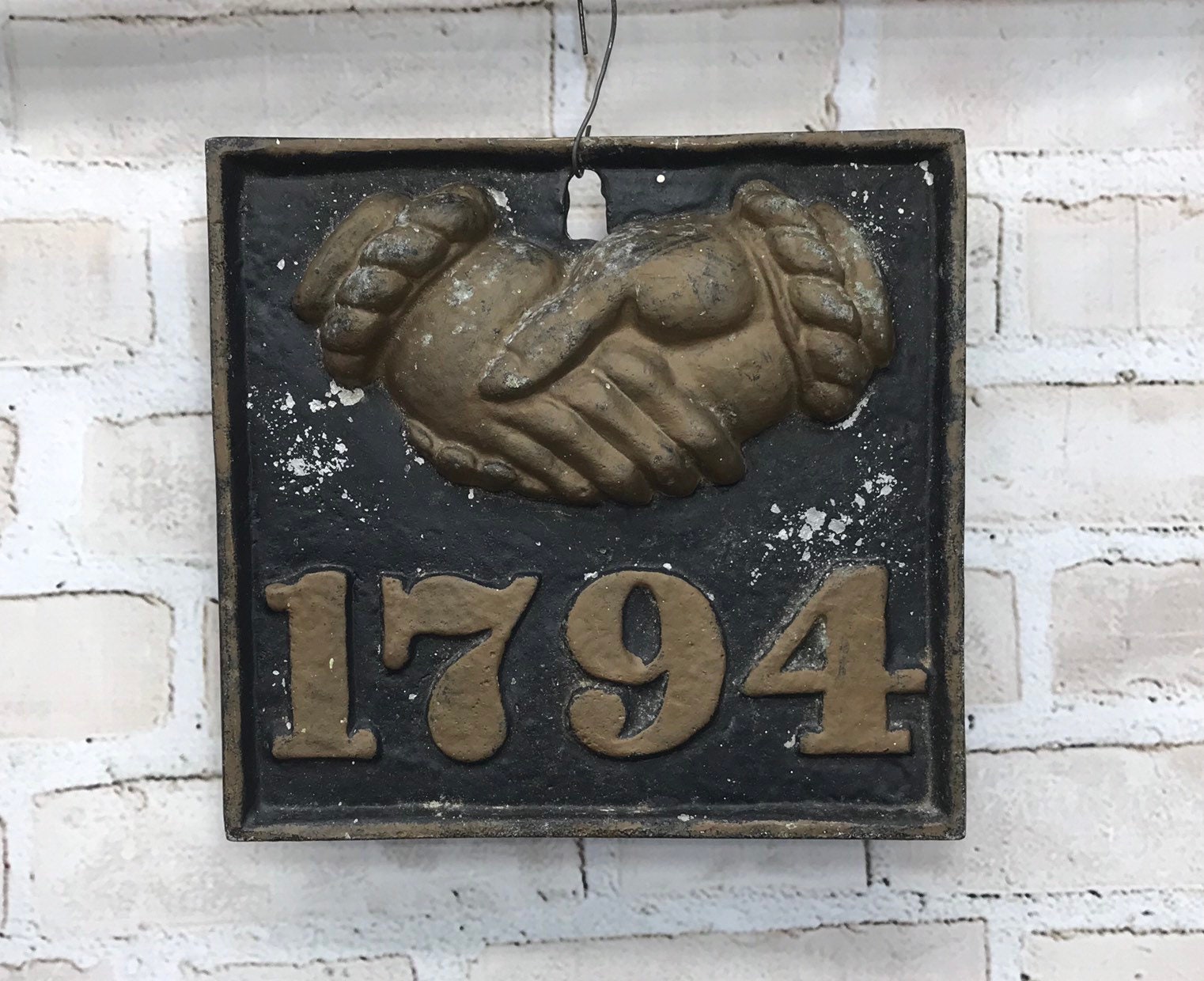 Vintage FIRE INSURANCE Cast Metal Plaque Sign With Handshake- 1794