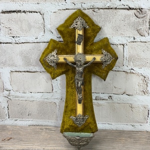 Antique French Holy Water Font: INRI Crucifix, Velvet Religious Decor