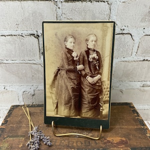 Victorian Cabinet Card- Sisters Mournful Looks- Big Eyes- Sepia Toned Old Photo- Vintage Photo Portraits 1800&#39;s- Paper Ephemera Ornate Back