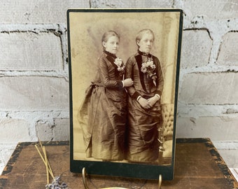 Victorian Cabinet Card- Sisters Mournful Looks- Big Eyes- Sepia Toned Old Photo- Vintage Photo Portraits 1800's- Paper Ephemera Ornate Back