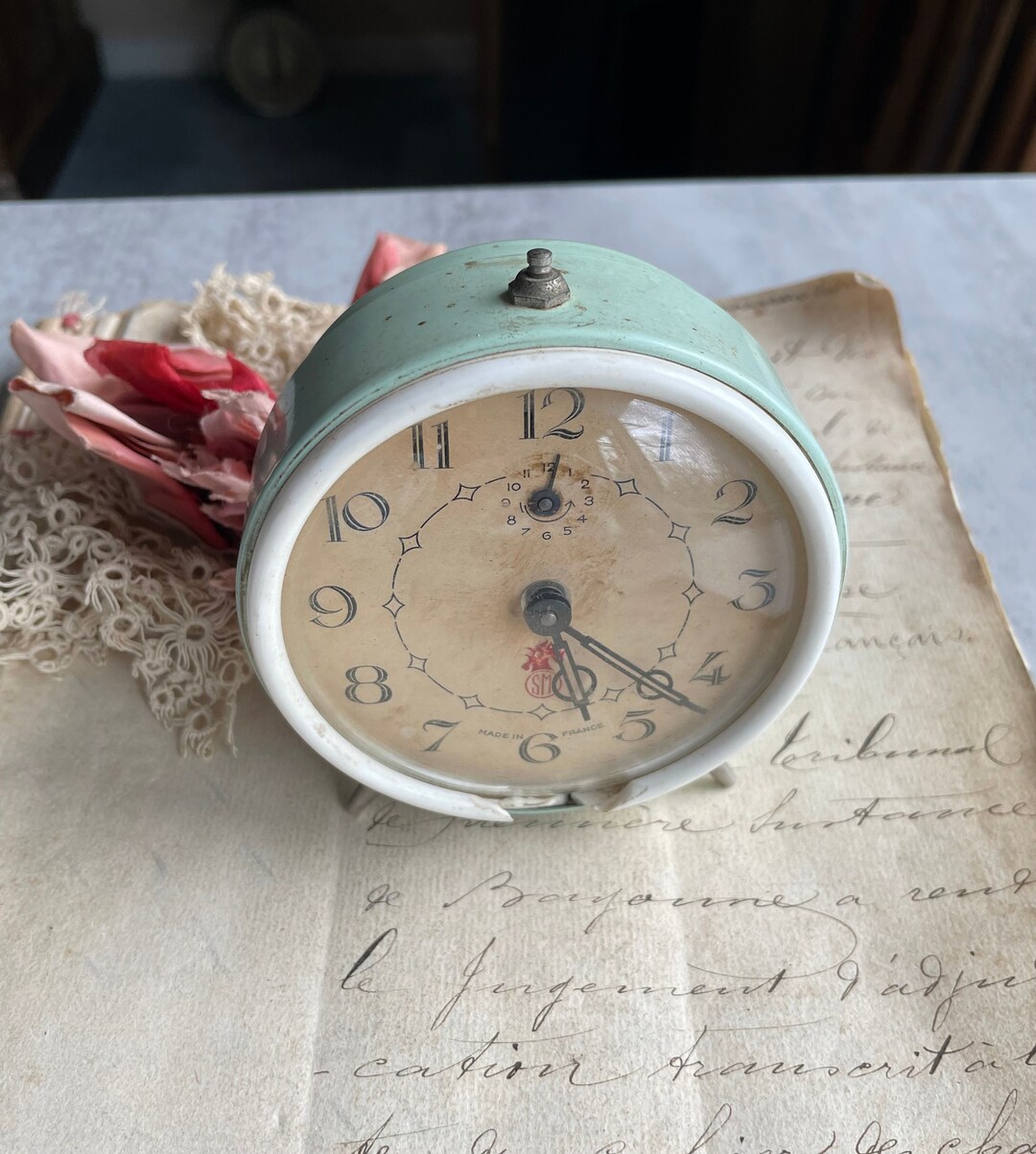 Vintage Clock Made in France Mint Green French Winding Alarm Clock Industrial Decor Number