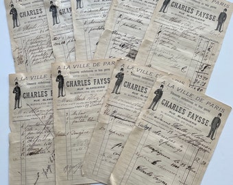 French Paper Receipts (8) with Delightful Graphics 1901 Haberdashery in Paris with Hand Writing Paper Ephemera France