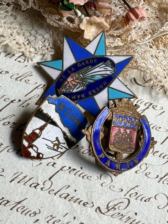 Vintage French Enamel Pins- Medals- Blue and Whit… - image 2