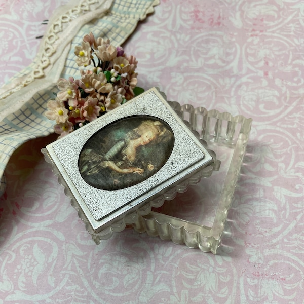 Vintage Jewelry Box- Made in Italy- Plastic Trinket Box with Lady Portrait on Silk- Florentine Storage Box Jewelry Keepsake Box