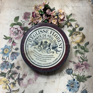 Caja de farmacia francesa antigua - Recipiente redondo de cartón - Aviñón, Francia - Regaliz medicinal Reglisse Florent - Boticario