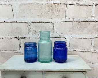 Antique Bottles-  Aqua and Cobalt Blue- Vintage Bottle Lot Old Bottles