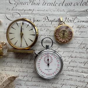 Vintage Stopwatch, Desk Clock and Gold Pocket Pendant Watch Group, Non-Working, Display Pieces