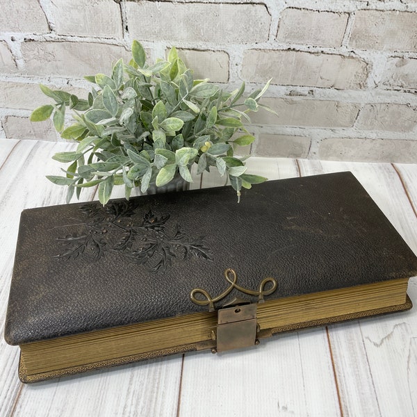 Victorian Photo Album with Brown Leather Embossed Covers- 64 Men Photos- Brass Buckle- Antique Cabinet Card Album