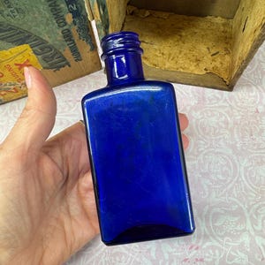 Antique Blue Glass Bottle- Cobalt Square Shaped Bottle- Collectible- Vintage Vignette or Prop Piece