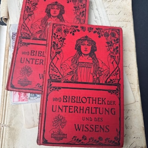 Antique German Books- Art Nouveau- Bibliothek der Unterhaltung und des Wissens 1904 & 1907 – Decorative Red Hardcover Library Volumes