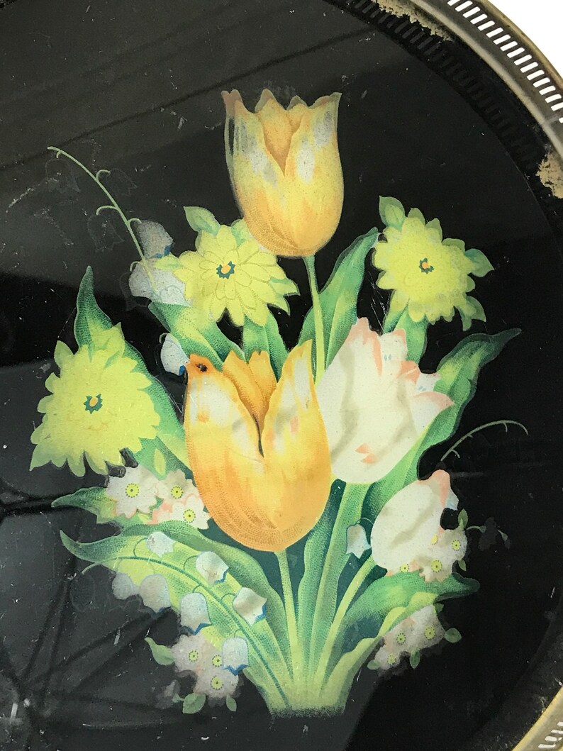 Vintage GLASS TRAY Flower Design with Brass Edging Jewelry Etsy