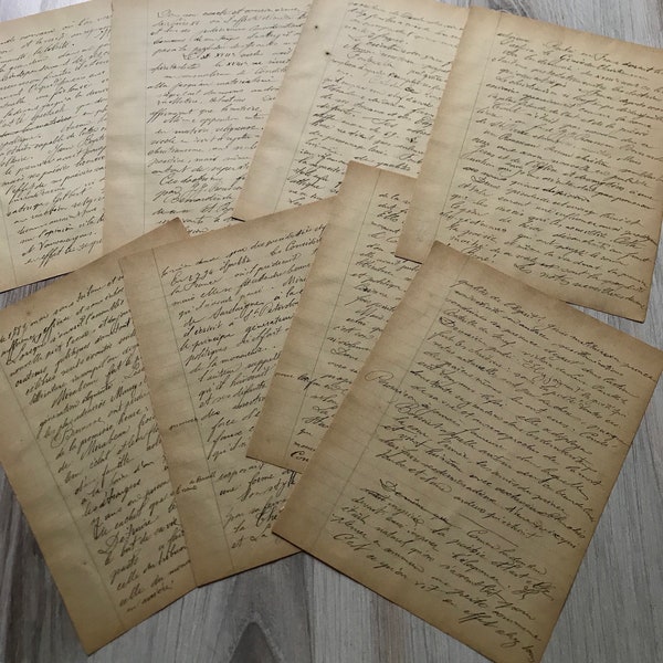 French Handwritten Pages (3) Vintage Sepia Toned Paper with Script Writing Paper Ephemera- France Foreign Writing Mixed Media