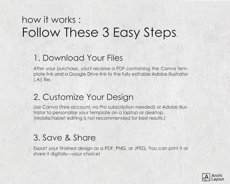 以下が含まれることがあります： 明るいグレーのテクスチャ背景に「how it works: Follow These 3 Easy Steps」と書かれた説明用グラフィック。3つのステップ「1. Download Your Files」「2. Customize Your Design」「3. Save & Share」が記載されており、CanvaとAdobe Illustratorの使用に関する詳細が含まれています。