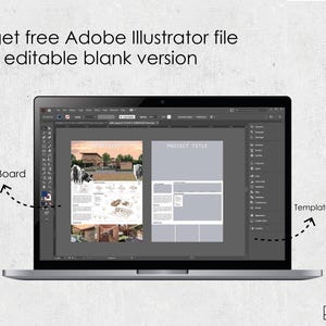 以下が含まれることがあります： Adobe Illustratorソフトウェアを表示するノートパソコンの画面。2つの建築プレゼンテーションボードが並んでいます。テキストには「get free Adobe Illustrator file + editable blank version」、「Real Board」、「Template Board」と書かれています。Archi Layoutのロゴがあります。