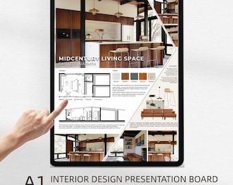 Interior Architecture Presentation Board Template | Midcentury Design/Competition Layout | A1 A2 A3 | Canva editable template