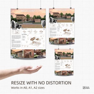 以下が含まれることがあります： 「RESILIENT」とラベル付けされた3枚の建築プレゼンテーションボード。建物の設計図、敷地配置図、コンセプト図、内観パースが描かれています。ポスターはA0、A1、A2サイズで表示されており、テキストと構造物のイラストが含まれています。