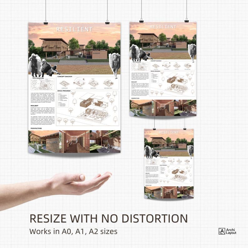 以下が含まれることがあります： 「RESILIENT」とラベル付けされた3枚の建築プレゼンテーションボード。建物の設計図、敷地配置図、コンセプト図、内観パースが描かれています。ポスターはA0、A1、A2サイズで表示されており、テキストと構造物のイラストが含まれています。