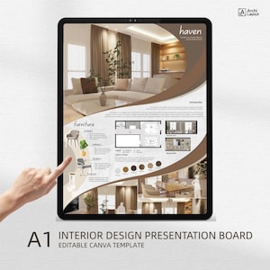 May include: A digital tablet displays an interior design presentation board. The board features a living room rendering, furniture illustrations, and a floor plan. Text includes "haven" and "A1 Interior Design Presentation Board". The overall color scheme is neutral with brown accents.