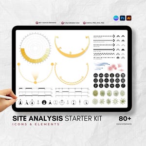 Puede incluir: Un kit de inicio para análisis de sitio mostrado en una pantalla de tableta, que incluye más de 80 iconos y elementos gráficos como diagramas circulares, flechas direccionales, escalas lineales y varios símbolos para proyectos de arquitectura.