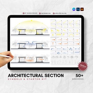 Architectural Section Diagram Symbols Pack, Architecture Diagram Kit, Airflow Sun Path Human Flow Arrows, Canva PNG SVG PSD Files