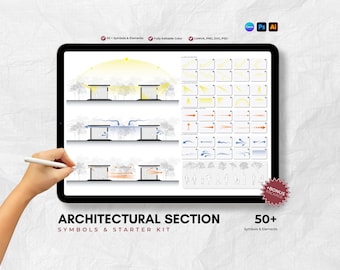 Architectural Section Diagram Symbols Pack, Architecture Diagram Kit, Airflow Sun Path Human Flow Arrows, Canva PNG SVG PSD Files