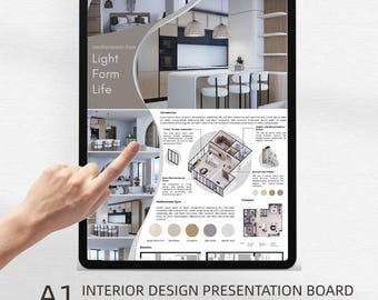 Presentatiebordsjabloon interieurarchitectuur | Interieurontwerp/wedstrijdindeling | A1 A2 A3 | Bewerkbare Canva-sjabloon
