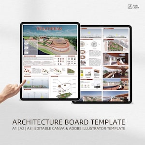 Może przedstawiać: Dwa tablety cyfrowe wyświetlające szablon planszy architektonicznej zatytułowany RED THREAD, zawierający plany zagospodarowania, wizualizacje 3D i schematy. Tekst brzmi ARCHITECTURE BOARD TEMPLATE A1 | A2 | A3 | EDITABLE CANVA & ADOBE ILLUSTRATOR TEMPLATE.