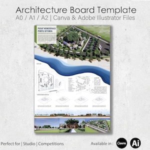 Architecture Board Template – Coastal Blue Theme – Academic / Competition / Studio Submission – A0 A1 A2 – Canva & Adobe Illustrator Files
