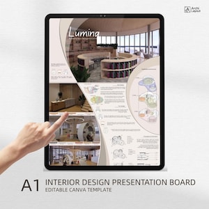 May include: A digital tablet displays an interior design presentation board labeled "Lumina." The board showcases architectural renderings of a modern space with curved seating, shelving, and diagrams. Text at the bottom reads "A1 INTERIOR DESIGN PRESENTATION BOARD EDITABLE CANVA TEMPLATE."