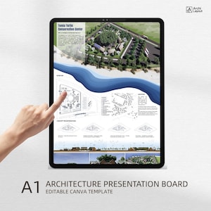 Puede incluir: Tableta digital que muestra una presentación arquitectónica. El tablero presenta un plano de sitio, transformaciones conceptuales y una vista aérea del Tomia Turtle Conservation Center. El texto "A1 ARCHITECTURE PRESENTATION BOARD" es visible.
