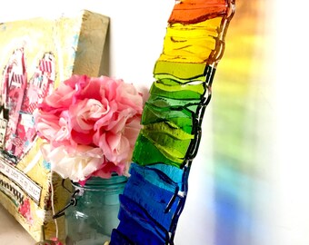 Fused Glass Mini Curve With Rainbow Coloured Flowers Handmade Glass Art Birthday Anniversary Gift Present Mum Nana