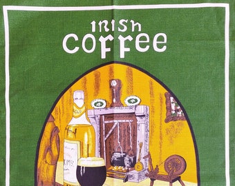 Irish Coffee Bar towel, Dish or Tea Towel or wall hanging, Hearthside scene, drink recipe, Souvenir of Ireland unused NWOT Exc vintage cond